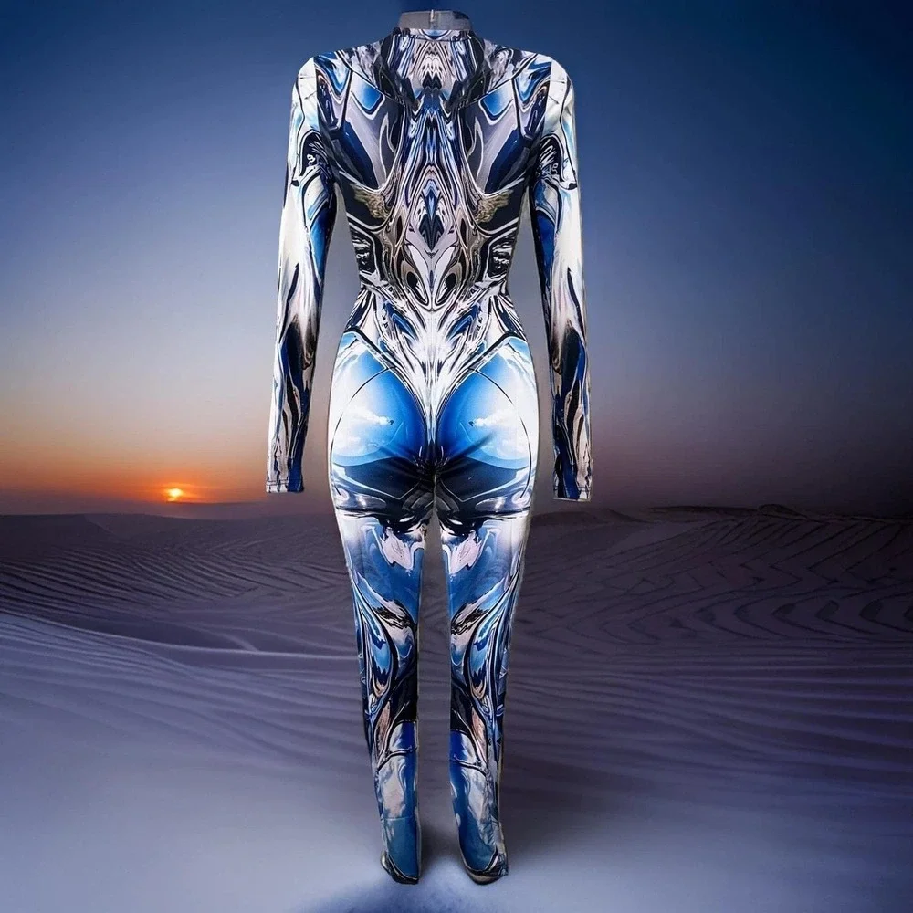 New Small Mirror Spandex Jumpsuit Catsuit Rave Illusion Blue Metallic Futuristic